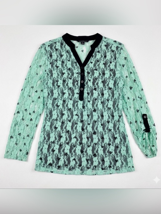 No Boundaries Tops - No Boundaries Mint Green Lace Long Sleeve Top with Black Roll Tab Sleeves